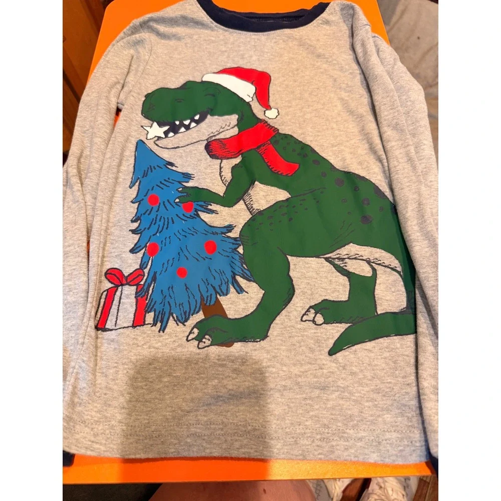 Carters Kids Christmas Dinosaur Pajama Top Gray Long Sleeve T-Rex Santa Hat 10